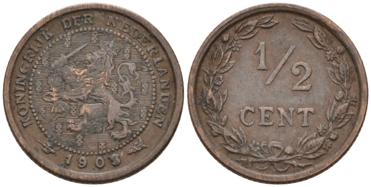 Нидерланды 1/2 цента 1903 Вильгельмина (1890-1948) KM 133 бронза 4576-322
