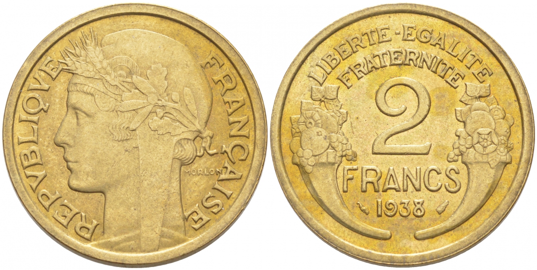 ФРАНЦИЯ 2 ФРАНКА 1938 ТИП MORLON, ТРЕТЬЯ РЕСПУБЛИКА (1871-1940) KM 886, LE FRANC 268.11 алюминиевая бронза 3855-641