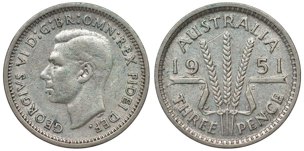 Австралия 3 пенса 1951 PL, Георг VI (1937-1952) KM 44 серебро 71-358