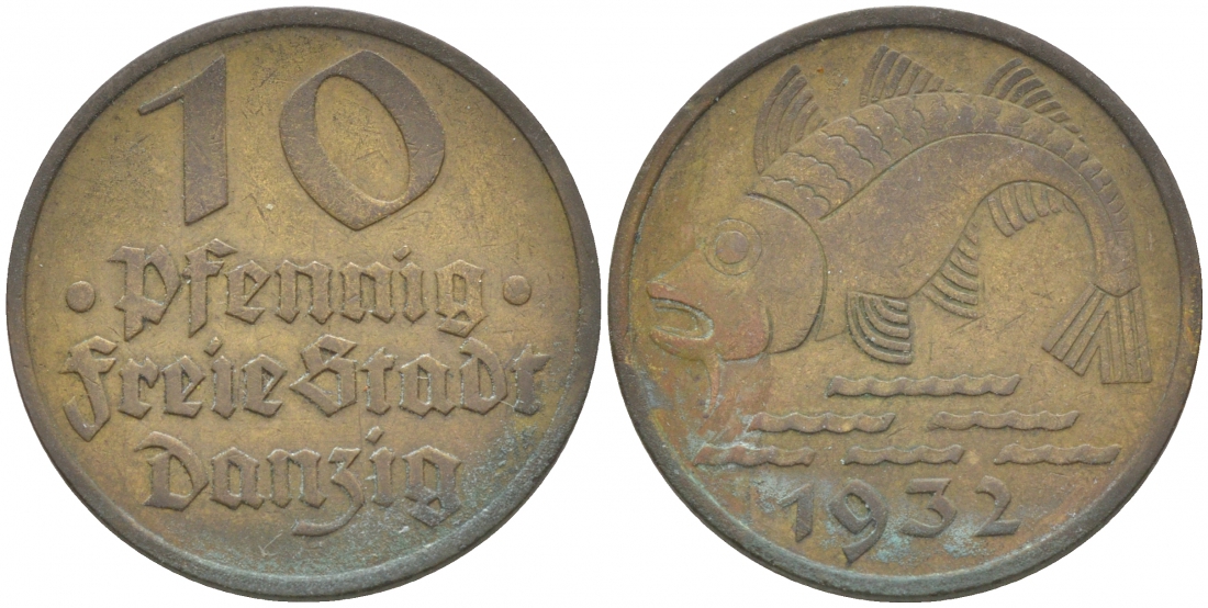 Данциг 10 пфеннигов 1932 рыба J. D 13, KM 152 алюминиевая бронза    68-546