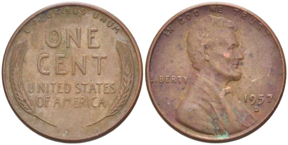 США 1 ЦЕНТ 1957 D, ЛИНКОЛЬН KM А132 медь цинк 218-722