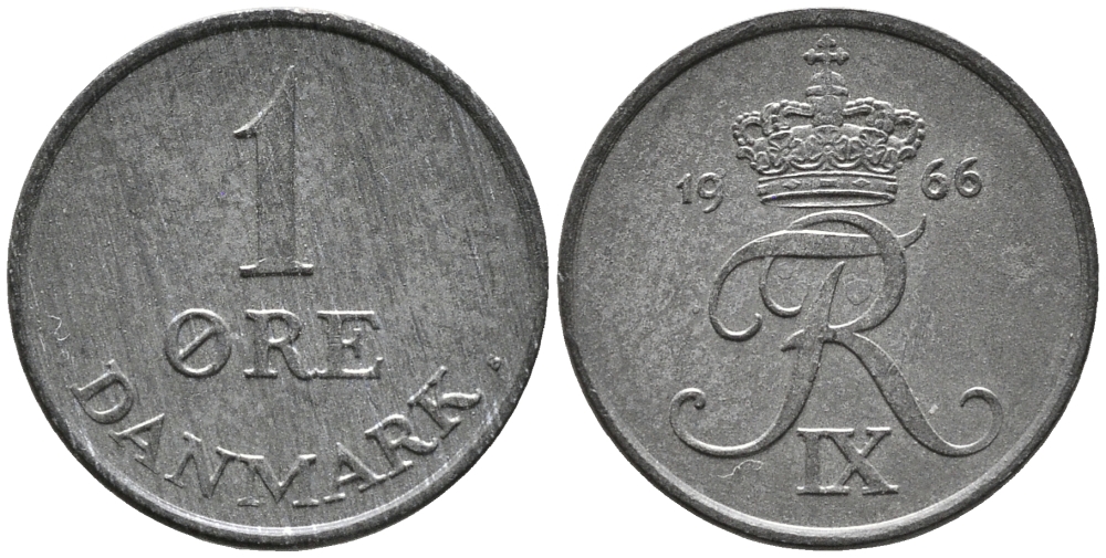 ДАНИЯ 1 ЭРЕ 1966 C; S, ФРЕДЕРИК IX (1947-1972) KM 839.2 цинк UNC 100-649