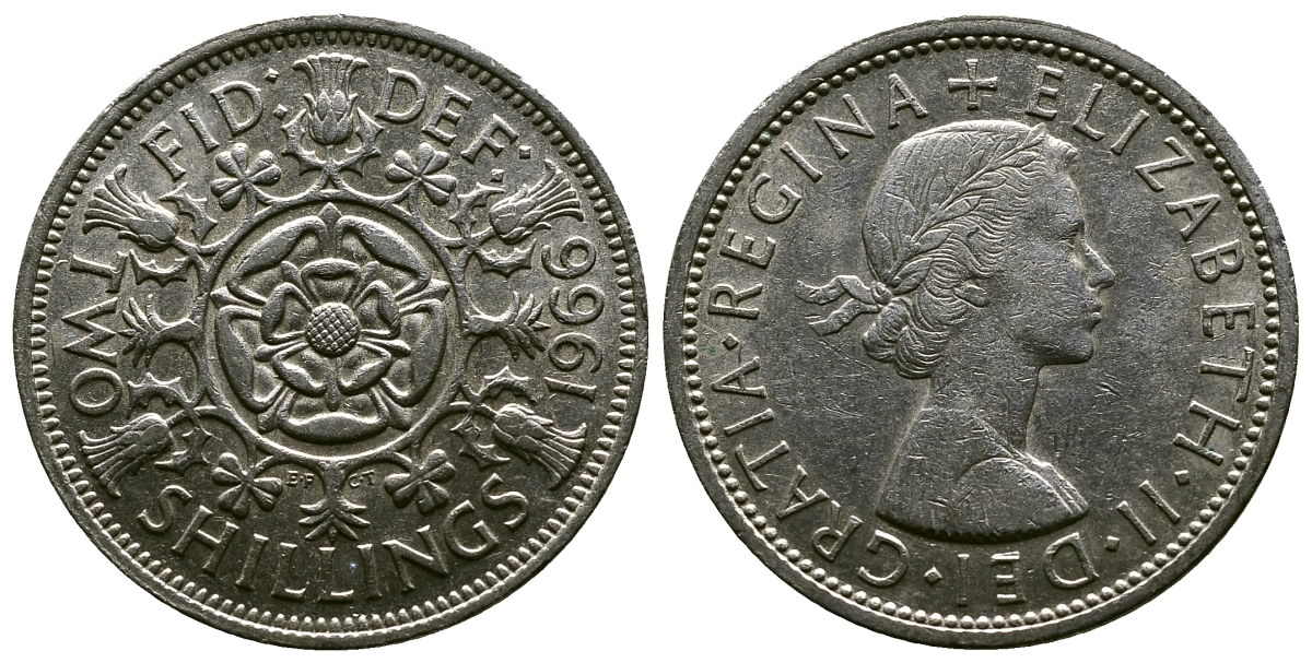 Великобритания 2 шиллинга (флорин) 1966 Елизавета II (1952-2022) KM 906, Spink 4146 медно-никель 4382-725