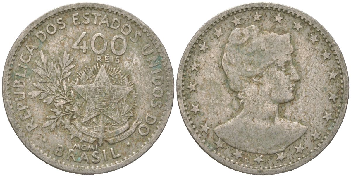 Бразилия 400 реалов 1901 MCMI, голова свободы вправо KM 505 медно-никель 4612-434