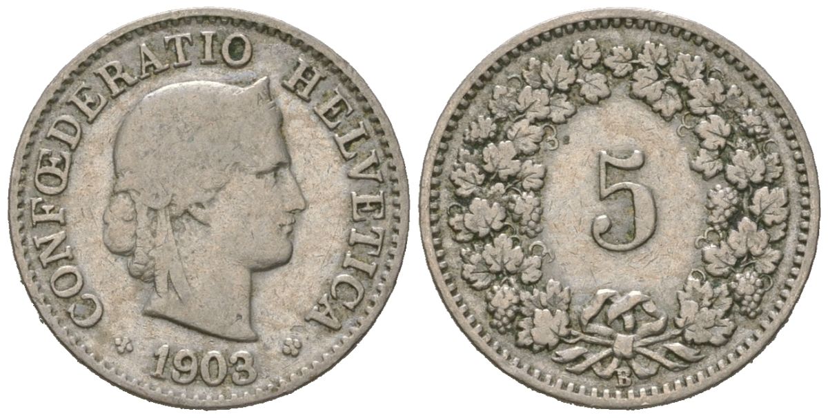 Швейцария 5 раппенов 1903 B KM 26 медно-никель 39-146