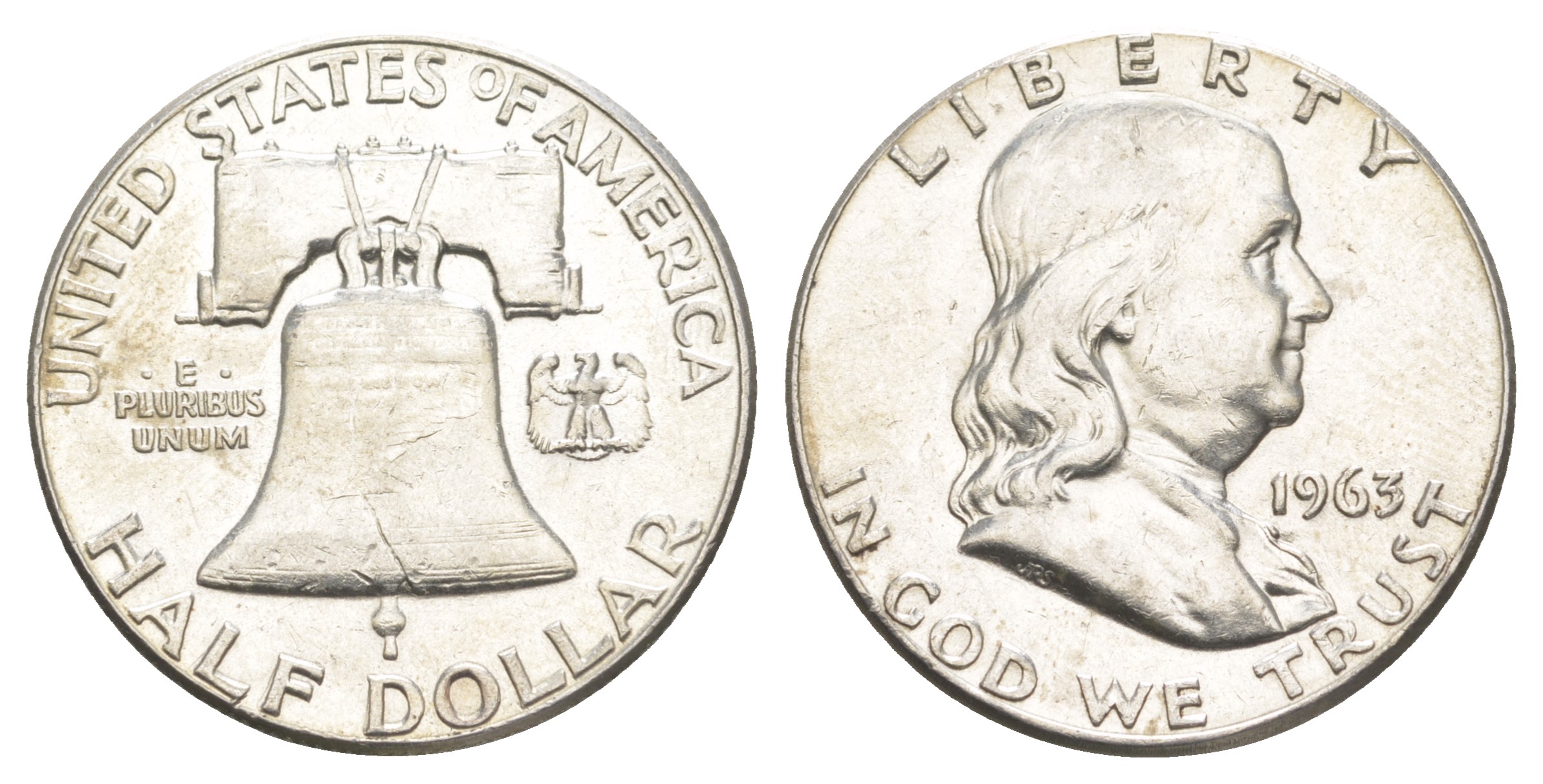 США 1/2 доллара (50 центов) 1963 Бенджамин Франклин, колокол KM 199 серебро  aUNC  4574-1134