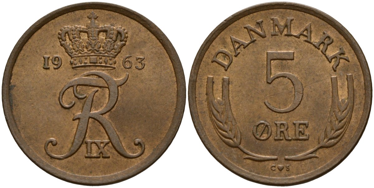 Дания 5 эре 1963 С; S, Фредерик IX (1947-1972) KM 848 бронза 4156-1033