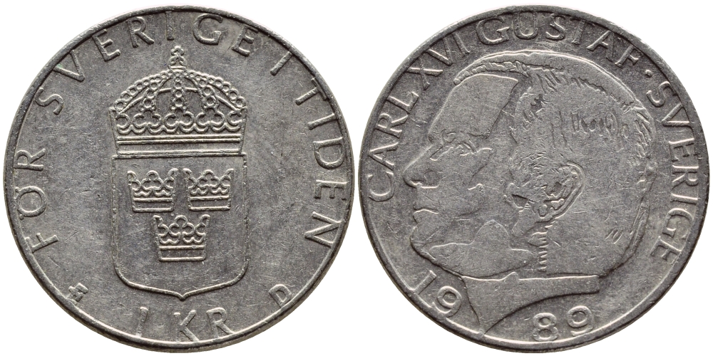 Швеция 1 крона 1989 Карл XVI Густав (1973- ) KM 852a медно-никель 4397-1241