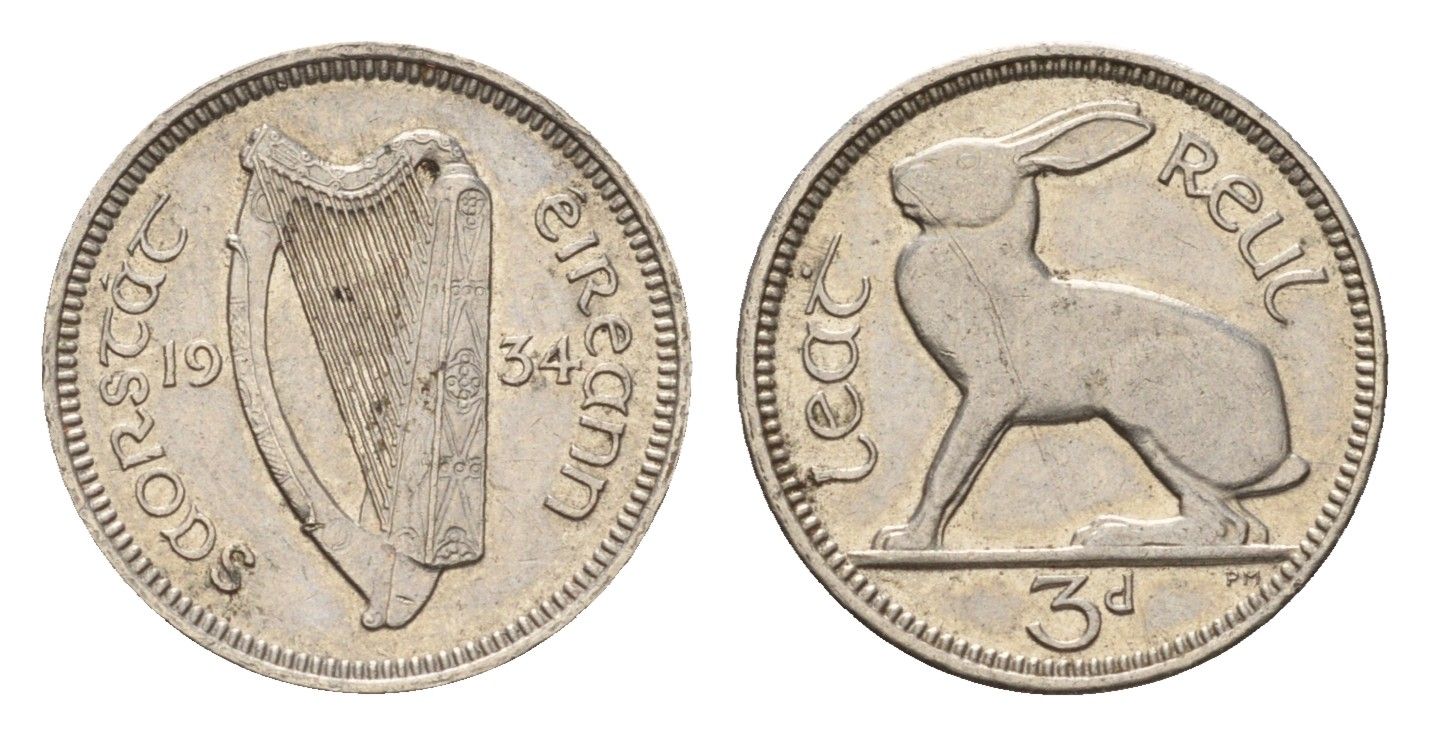Ирландия 3 пенса 1934 заяц KM 4 никель 4655-447