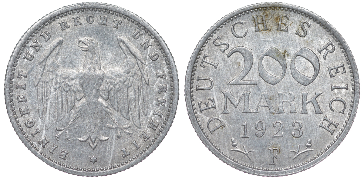 Германия 200 марок 1923 F KM 35, J. 304, Weege 22 алюминий 4604-623