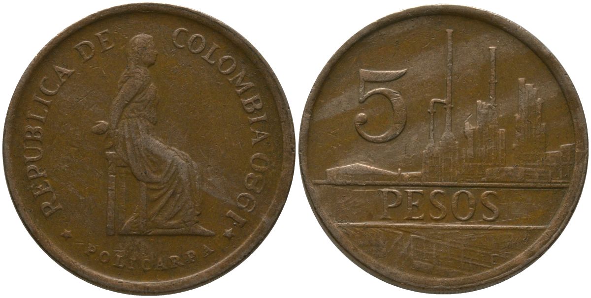 Колумбия 5 песо 1980 KM 268 бронза 4538-233