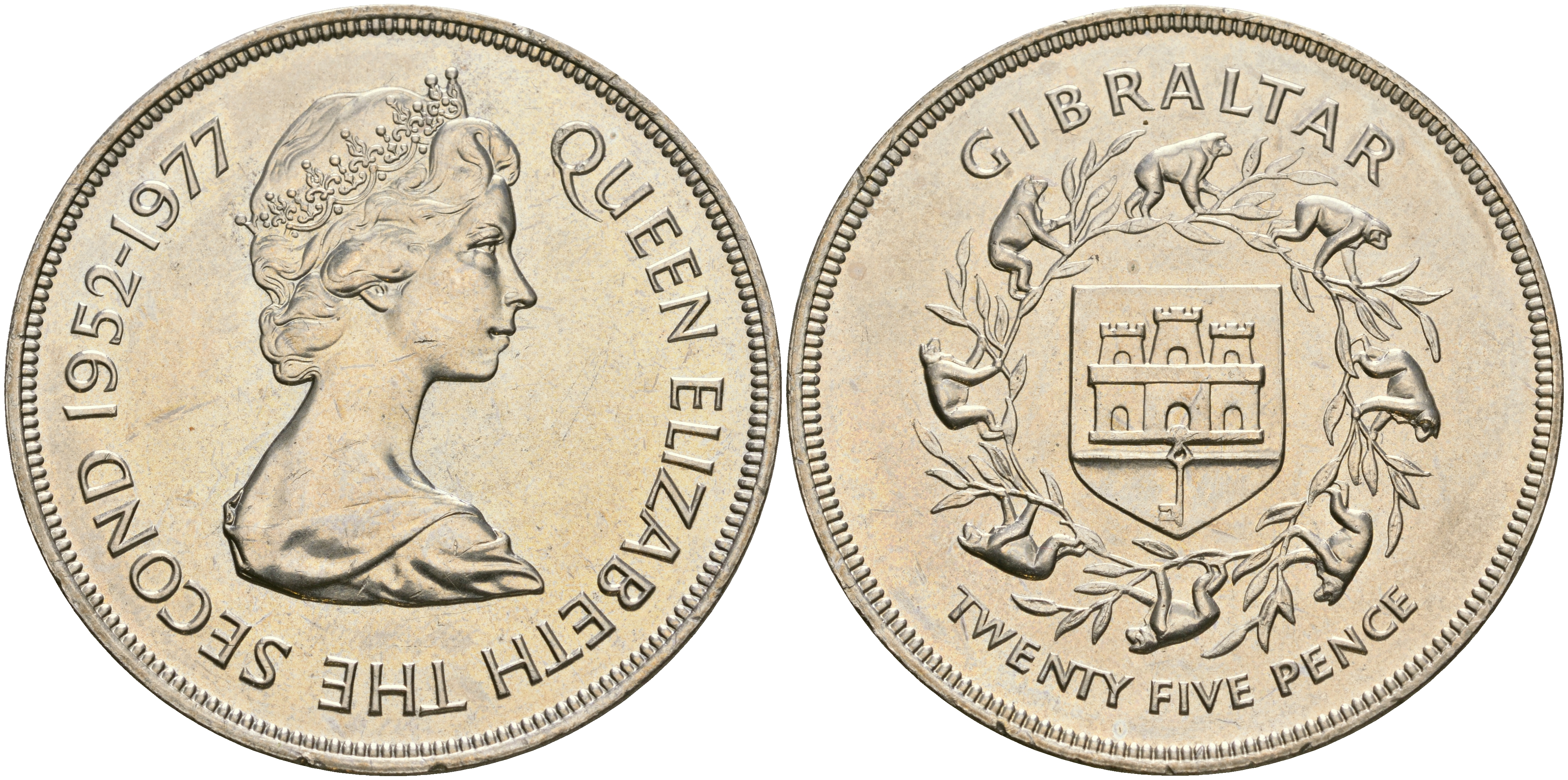 Гибралтар 25 пенсов 1977 25 лет правления Елизаветы II (1952-1977) KM 10 медно-никель UNC 4552-1111