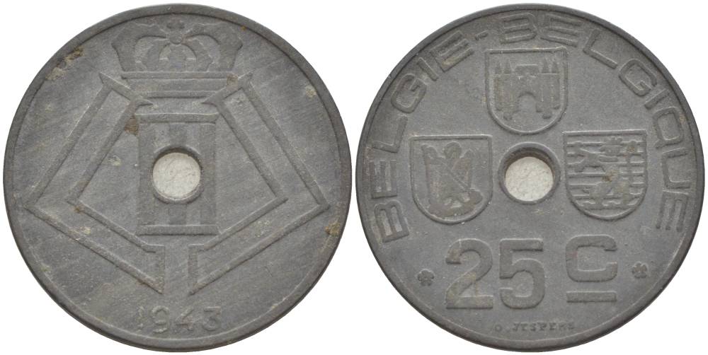 БЕЛЬГИЯ 25 САНТИМОВ 1943 BELGIE-BELGIQUE, ГЕРМАНСКАЯ ОККУПАЦИЯ, ВТОРАЯ МИРОВАЯ ВОЙНА KM 132 цинк 4544-1226