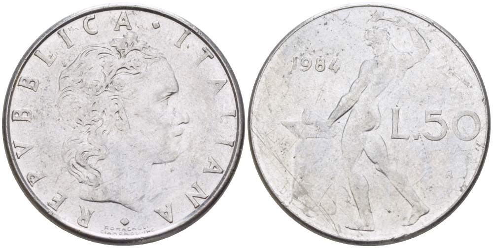 ИТАЛИЯ 50 ЛИР 1984 R, КУЗНЕЦ, ВУЛКАН БОГ ОГНЯ, ДИАМЕТР 25 ММ. KM 95.1 нержавеющая сталь 98-915