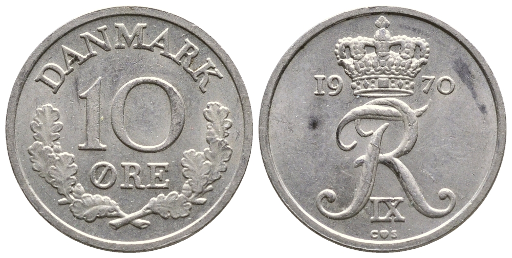 ДАНИЯ 10 ЭРЕ 1970 C; S, ФРЕДЕРИК IX (1947-1972) KM 849.1 медно-никель 26-927