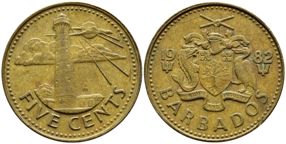Барбадос 5 центов 1982 маяк Саут-Пойнт KM 11 латунь 4398-527