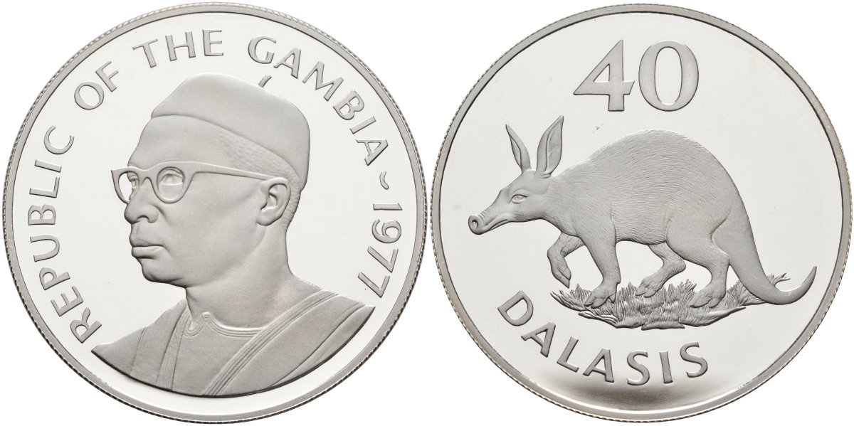 Гамбия 40 даласи 1977 защита дикой природы - трубкозуб KM 18а серебро PROOF 00-00