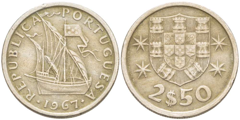 ПОРТУГАЛИЯ 2,5 ЭСКУДО 1967 ПАРУСНИК KM 590 медно-никель 4523-1047