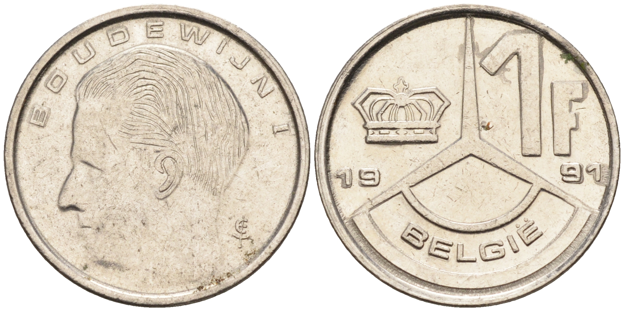 Бельгия 1 франк 1991 Belgie KM 171 железо плакированное никелем 4594-652