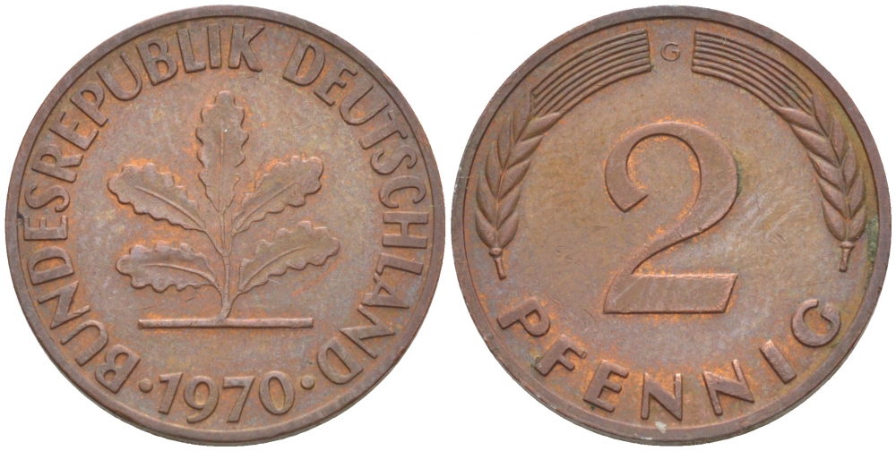ФРГ 2 ПФЕННИГА 1970 G KM 106а, J. 381а сталь плакированная сталь плакированная медьюю 4547-1154