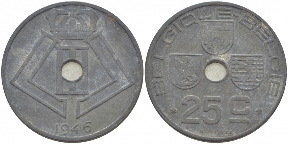 БЕЛЬГИЯ 25 САНТИМОВ 1946 BELGIQUE-BELGIE, ГЕРМАНСКАЯ ОККУПАЦИЯ, ВТОРАЯ МИРОВАЯ ВОЙНА KM 131 цинк 4529-1134