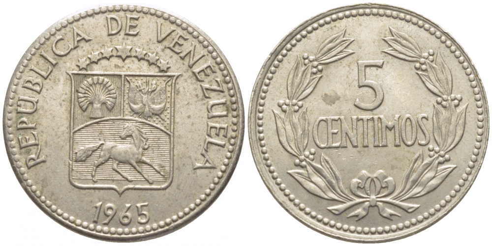 Венесуэла 5 сентимо 1965 KM 38 медно-никель 112-312