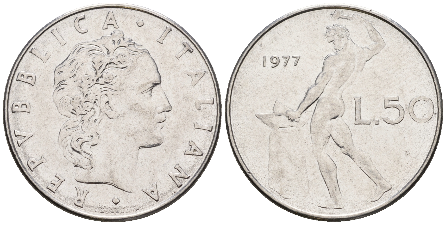 Италия 50 лир 1977 R, бог огня Вулкан у наковальни KM 95.1 нержавеющая сталь 259-134