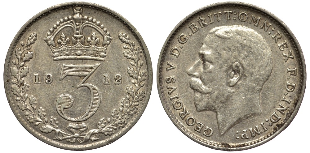 Великобритания 3 пенса 1912 Георг V (1910-1936) KM 813, Spink 4015 серебро 4528-432