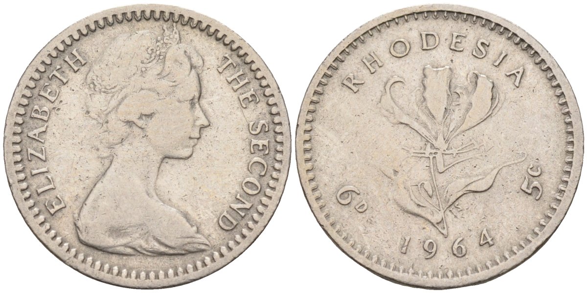 Британская Родезия 6 пенсов (5 центов) 1964 Елизавета II (1952-2022), цветок глориоза KM 1 медно-никель 00-00