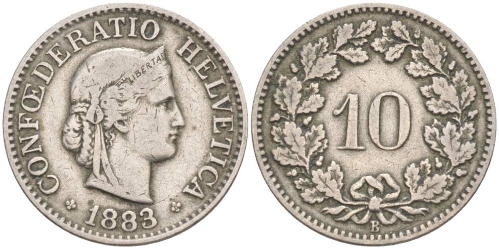 Швейцария 10 раппенов 1883 В KM 27 медно-никель 4181-1045