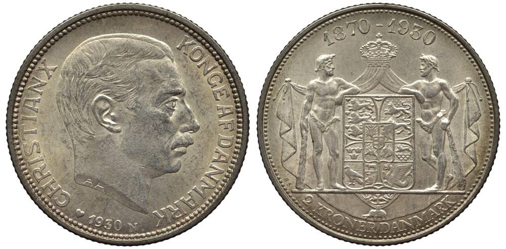 Дания 2 кроны 1930 N; AH, 60 лет королю Кристиану X (1870-1930) KM 829 серебро 69-421