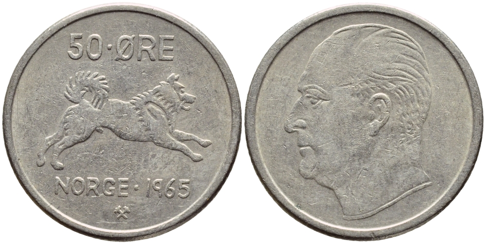 Норвегия 50 эре 1965 Улаф V (1957-1991), собака KM 408 медно-никель 93-447