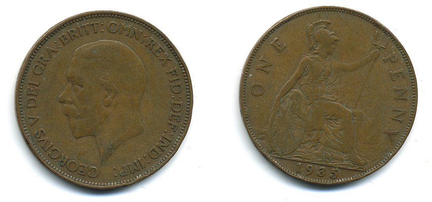 Великобритания 1 пенни 1935 Георг V (1910-1936) КМ 838, Spink 4055 бронза 4110-243