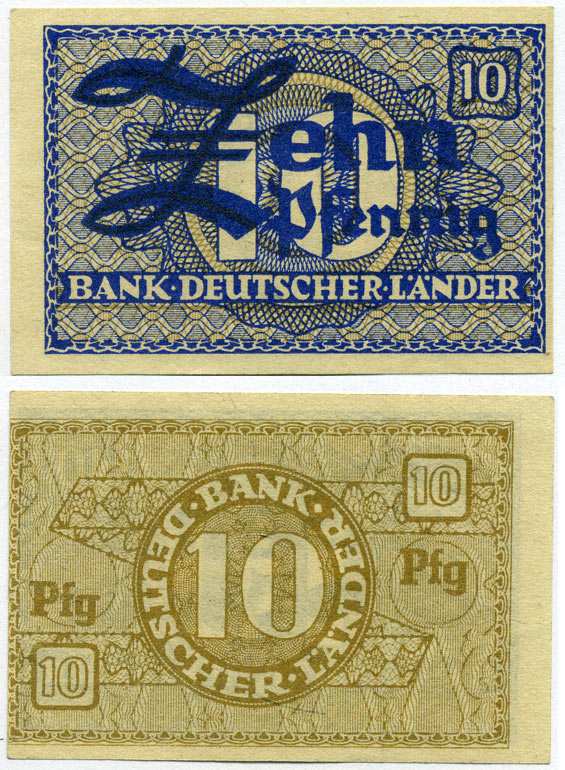 ФРГ 10 ПФЕННИГОВ 1948 BANK DEUTSCHER LANDER Pick 12a, Rosenberg 251а бумага аUNC 8613-11-3-2