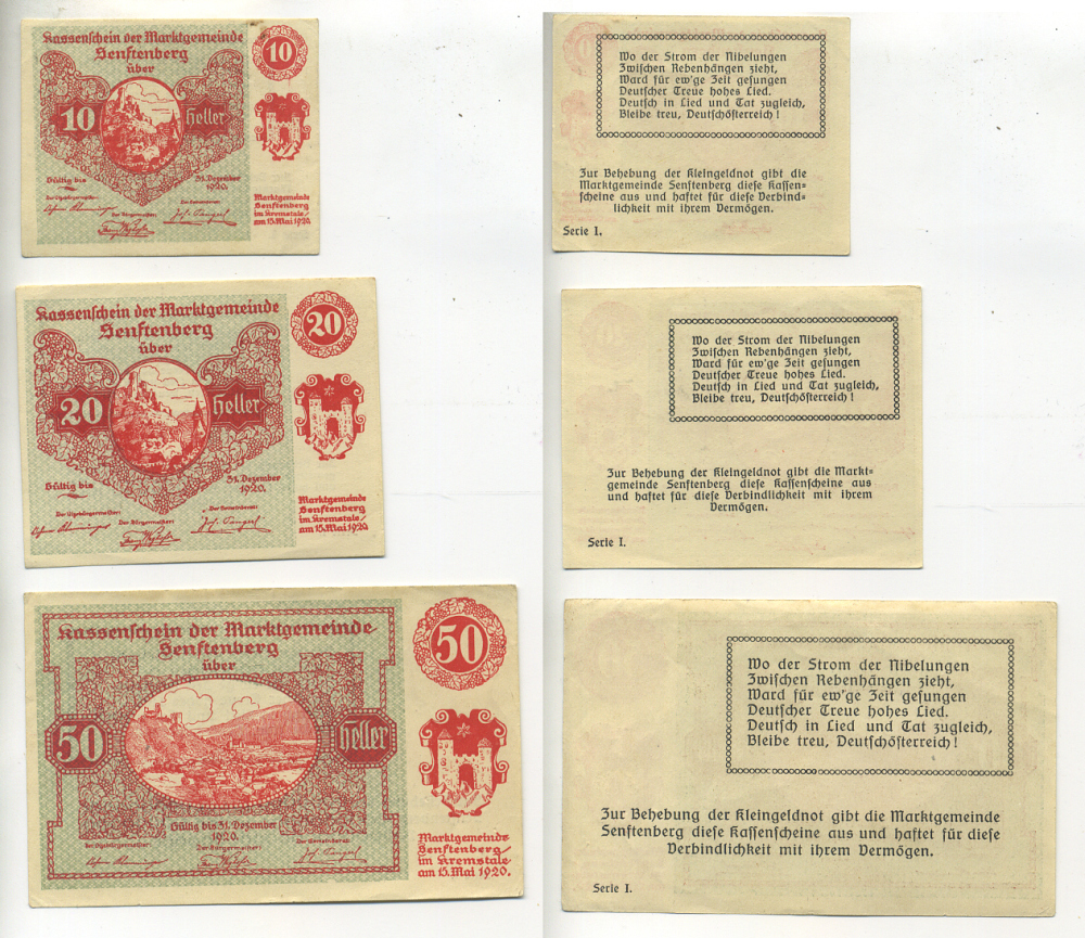 Австрия набор из 3 банкнот 1920 15 мая 1920, нотгельд, 10, 20, 50 геллеров, SEFTENBERG, первый выпуск   бумага  XF 7555-5-1-2