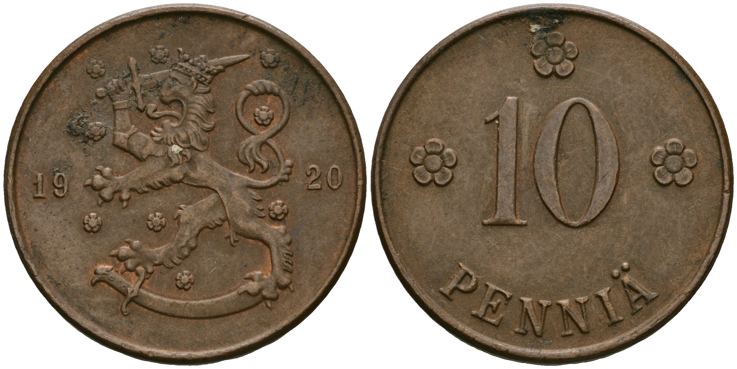 Финляндия 10 пенни 1920 республика (1918-1962) KM 24 медь 08-1045