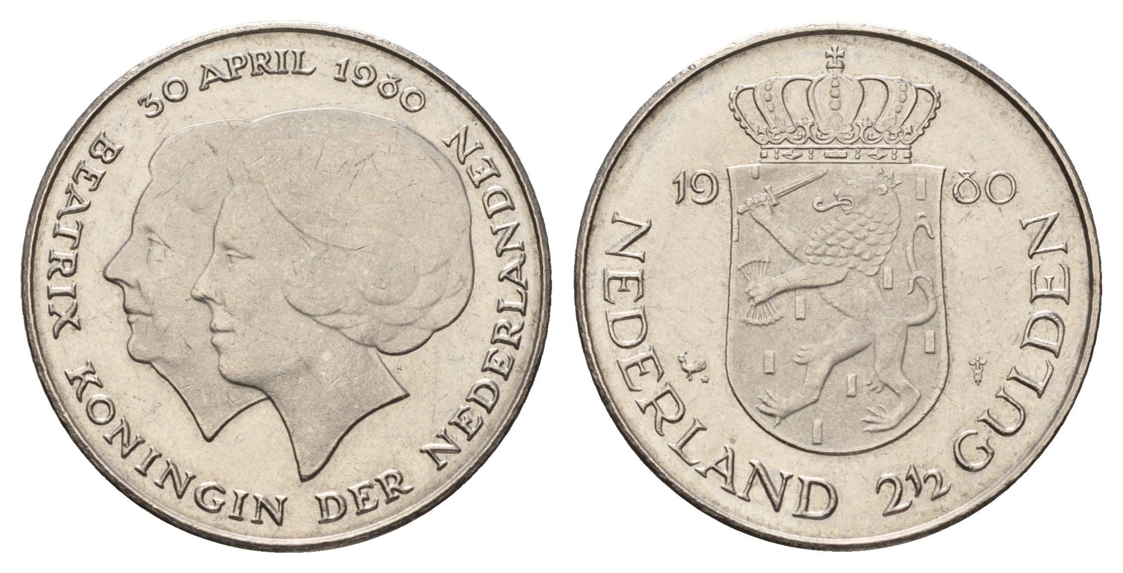 Нидерланды 2 1/2 гульдена 1980 коронация Беатрикс, 30 апреля 1980 KM 201 никель 4683-835