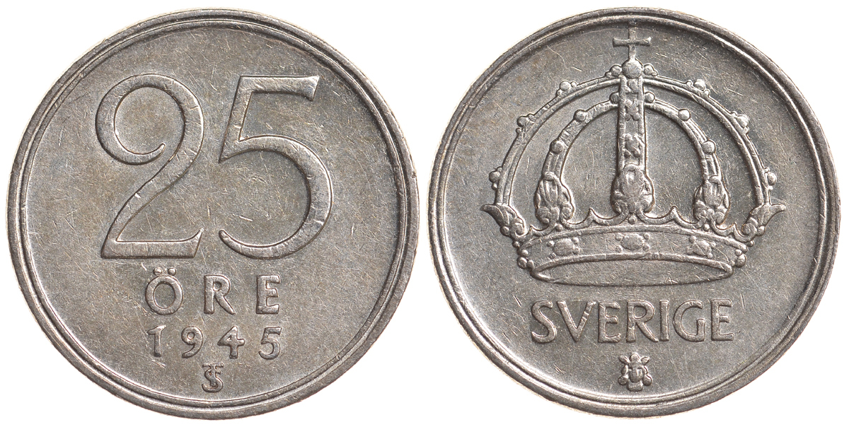 Швеция 25 эре 1945 TS, Густав V (1907-1950) KM 816 серебро 4179-862