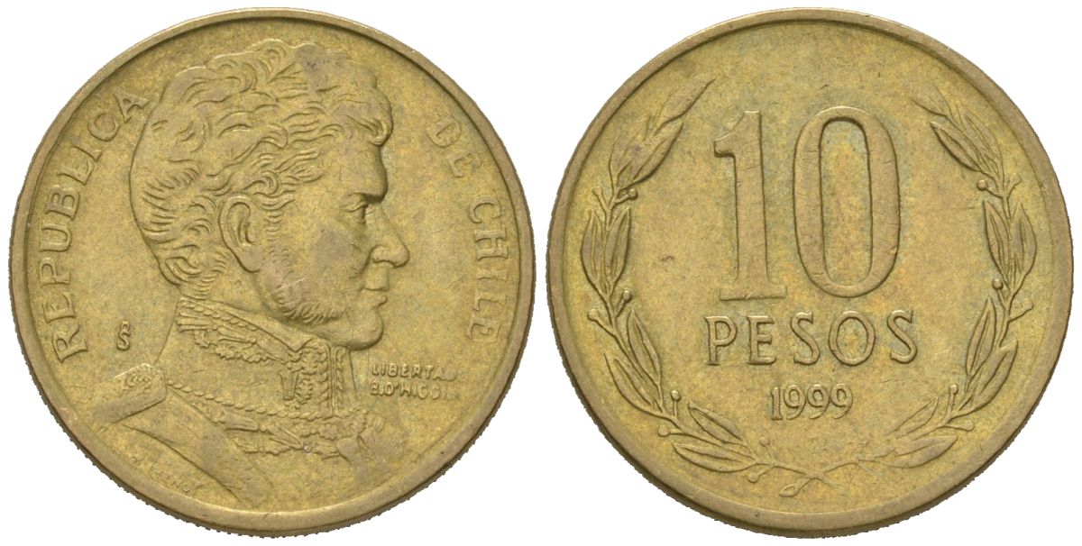 Чили 10 песо 1999 So KM 228 никель латунь 4523-354