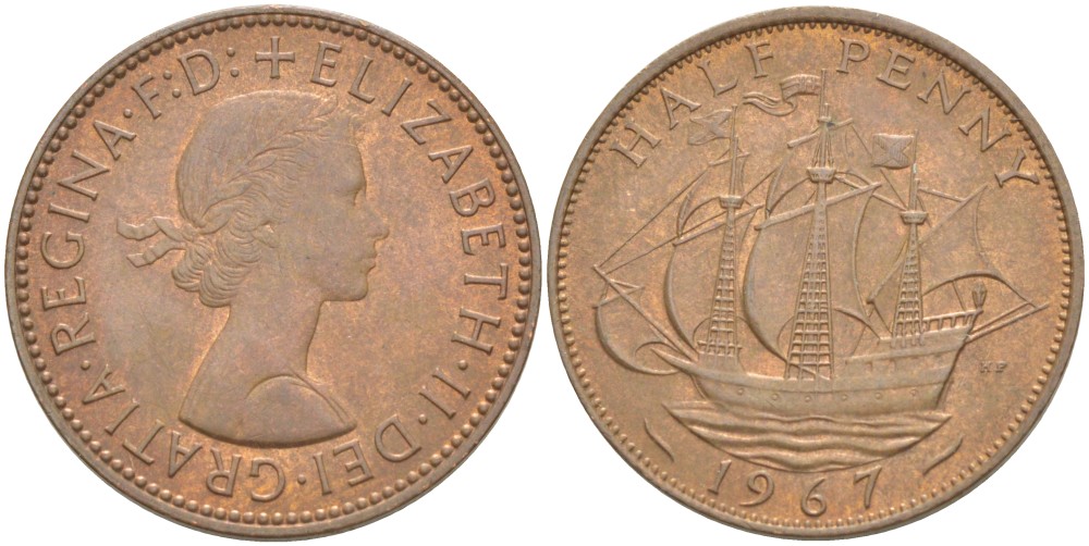 Великобритания 1/2 пенни 1967 Елизавета II (1952-2022) KM 896, Spink 4158 бронза 4544-157