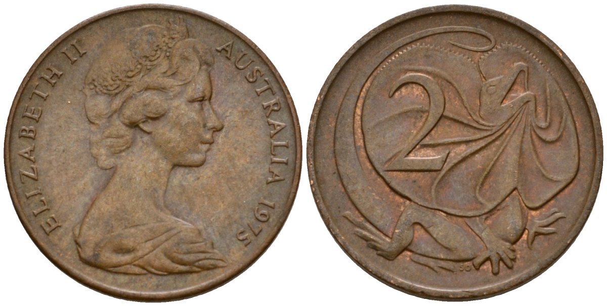 Австралия 2 цента 1975 Елизавета II (1953-), молодой портрерт, плащеносная ящерица KM 63 бронза 4601-747