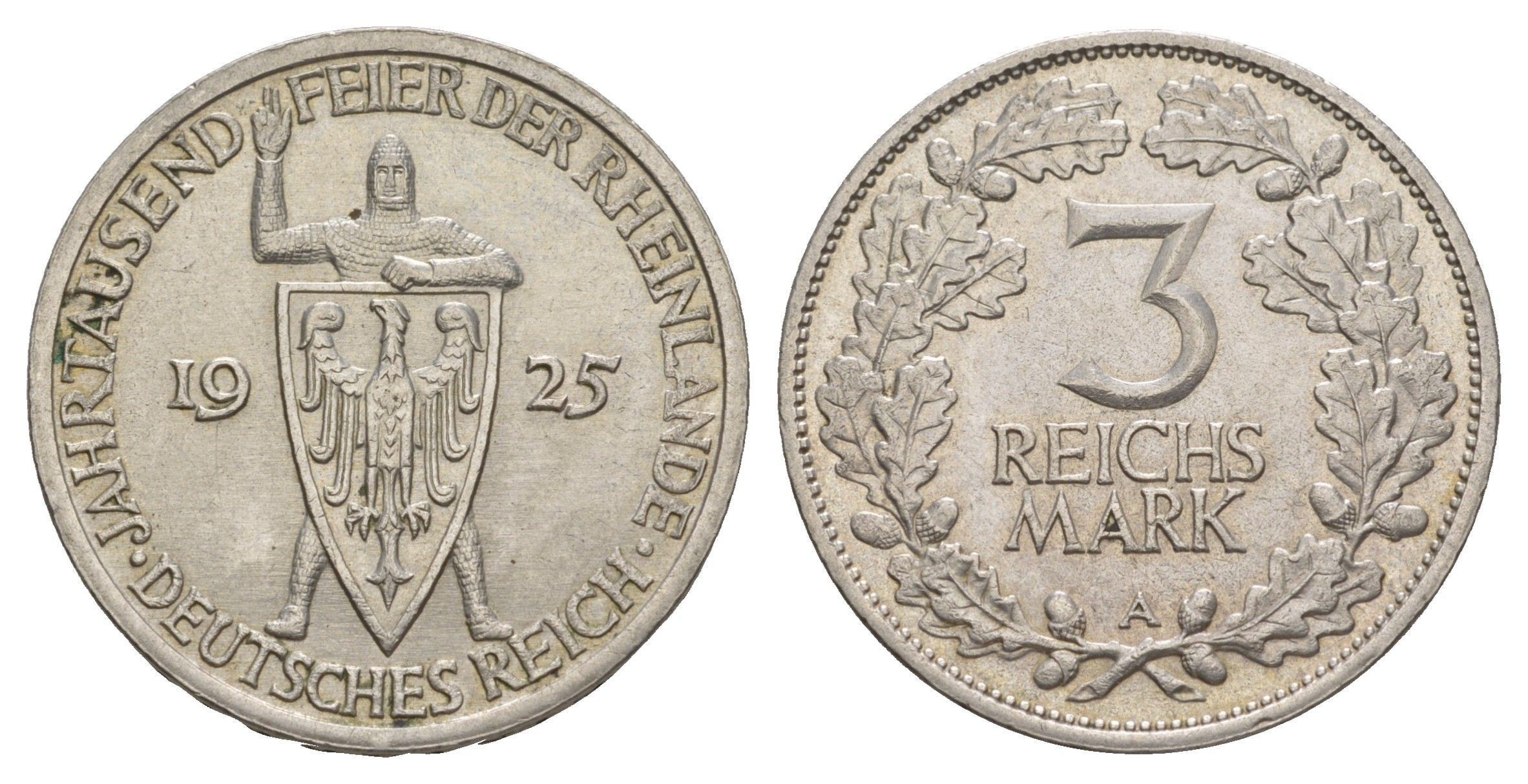 Германия 3 рейхсмарки 1925 A, Тысячелетие Рейнской области KM 46 серебро 1523-1215