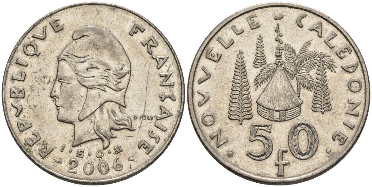 Французская Новая Каледония 50 франков 2006 хижина среди сосен и пальм, (IEOM) KM 13a, Schoen 15a, Lec 128i медно-никель 4144-641