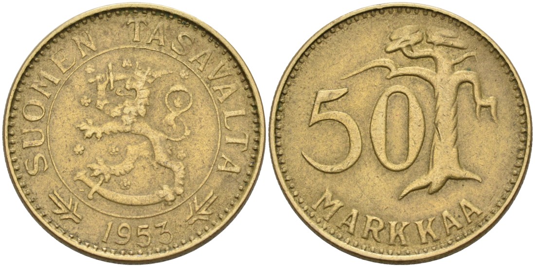 ФИНЛЯНДИЯ 50 МАРОК 1953 H KM 40 алюминиевая бронза 4563-453