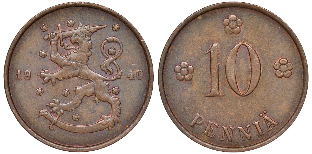 Финляндия 10 пенни 1940 республика (1918-1962) KM 24 медь 51-3234