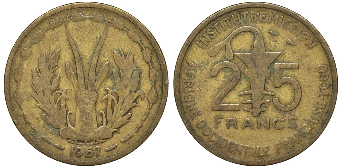 Французская Западная Африка, Того 25 франков 1957 KM A9 алюминиевая бронза 4162-522