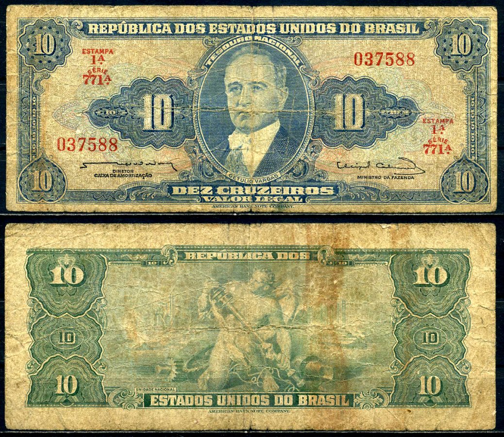 Бразилия 10 крузейро 1963 серия 771, signatures: Reginaldo Fernandes Nunes & Miguel Calmon Pick 167b бумага 6287-39-3-1