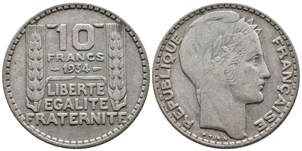 Франция 10 франков 1931 Пьер Тюрен KM 878, Le Franc 360.4 серебро 79-1415