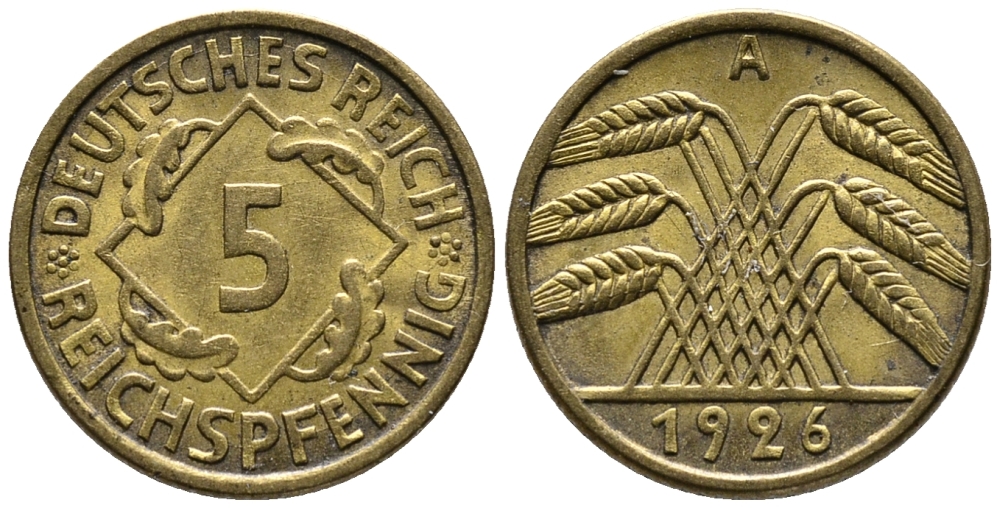 ГЕРМАНИЯ 5 РЕЙХСПФЕННИГОВ 1926 A KM 39, J. 316 алюминиевая бронза 39-559