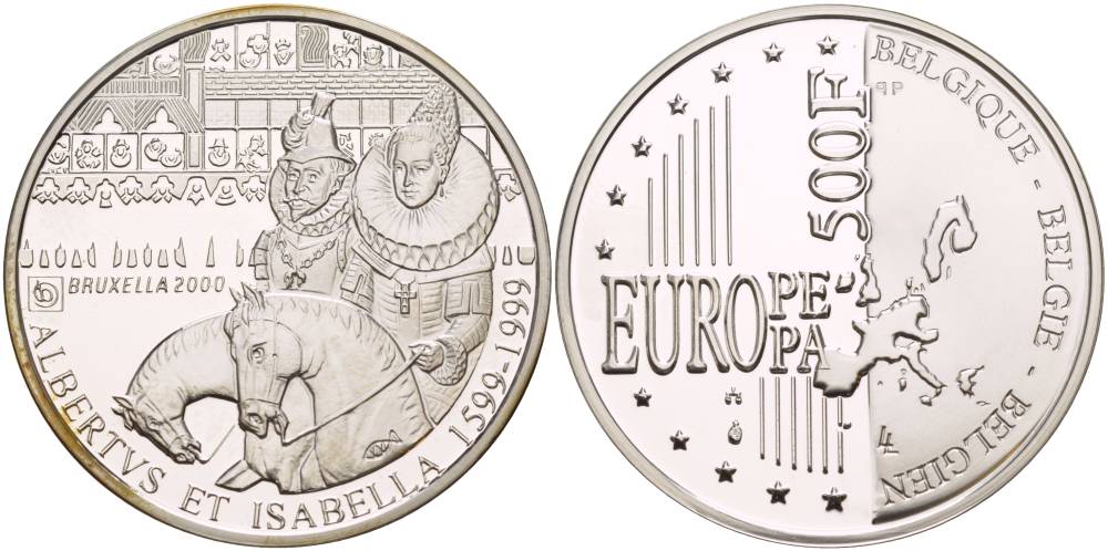 Бельгия 500 франков 1999 Альберт и Изабелла, миллениум KM 212 серебро PROOF 1088-10-33